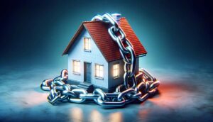 house by heavy chains against a dusky backdrop, metaphorically i